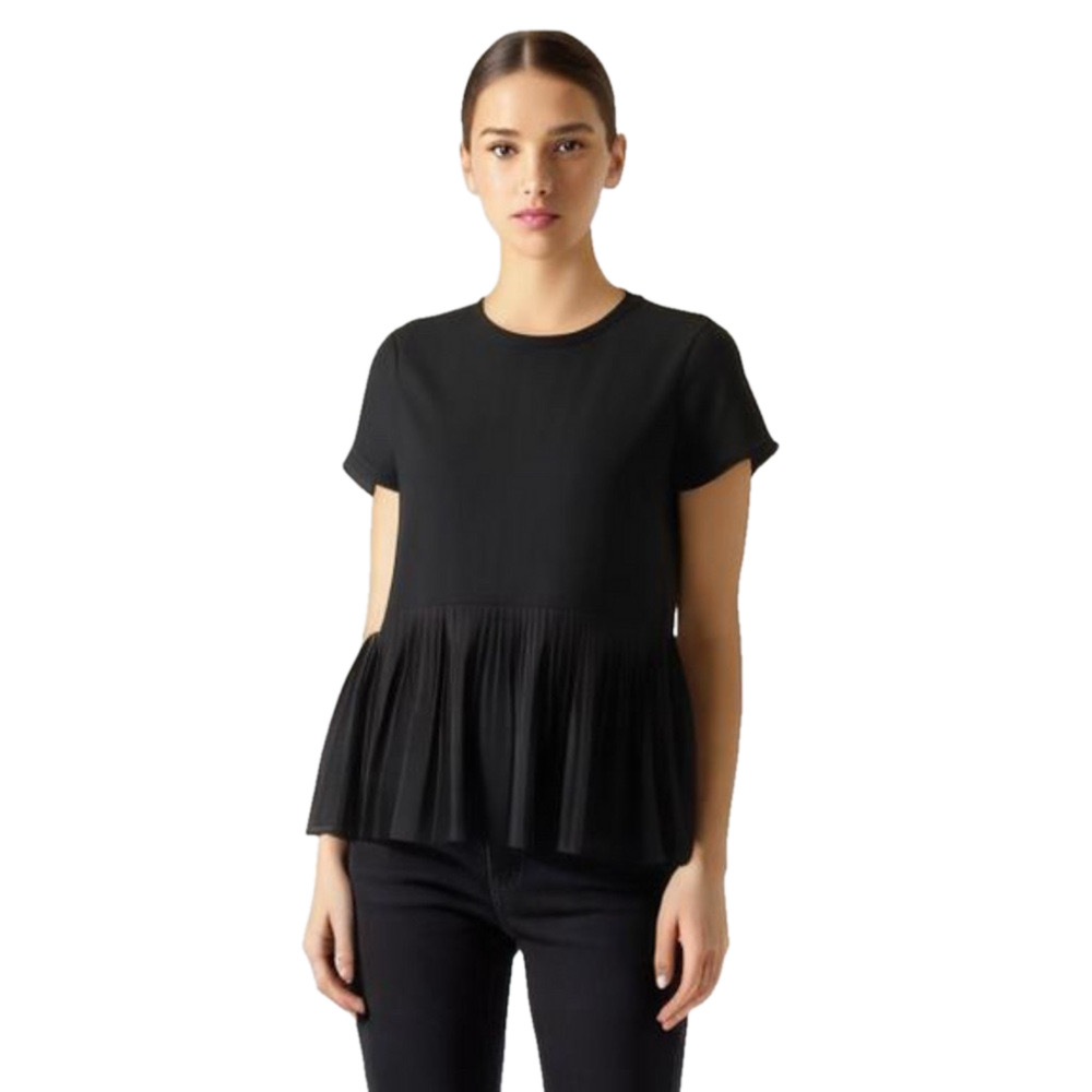 ICHI Denmark IHMINEA Black Pleated  Crew S/S  Blouse Small